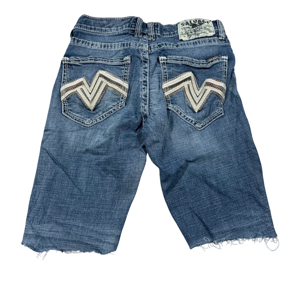 Y2K Salvage Havoc Denim Shorts Mens 31 Blue Embroidered Slim Fit Raw Hem Buckle